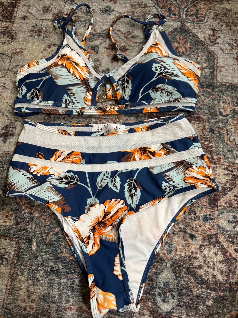 Drop the walls Navy Floral High-Waist Kids One-Piece Swimsuit by